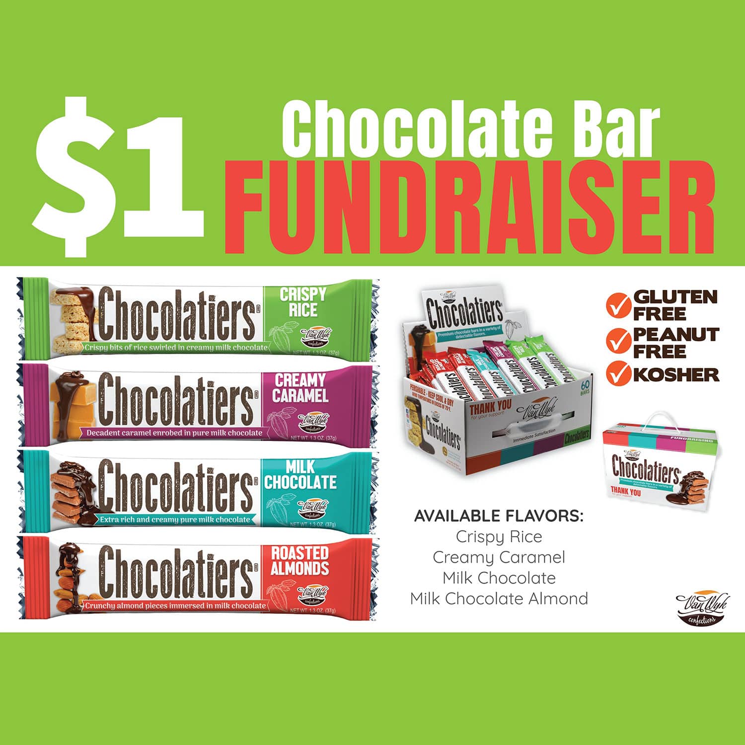 $1 Chocolate bar fundraiser with various flavors available.