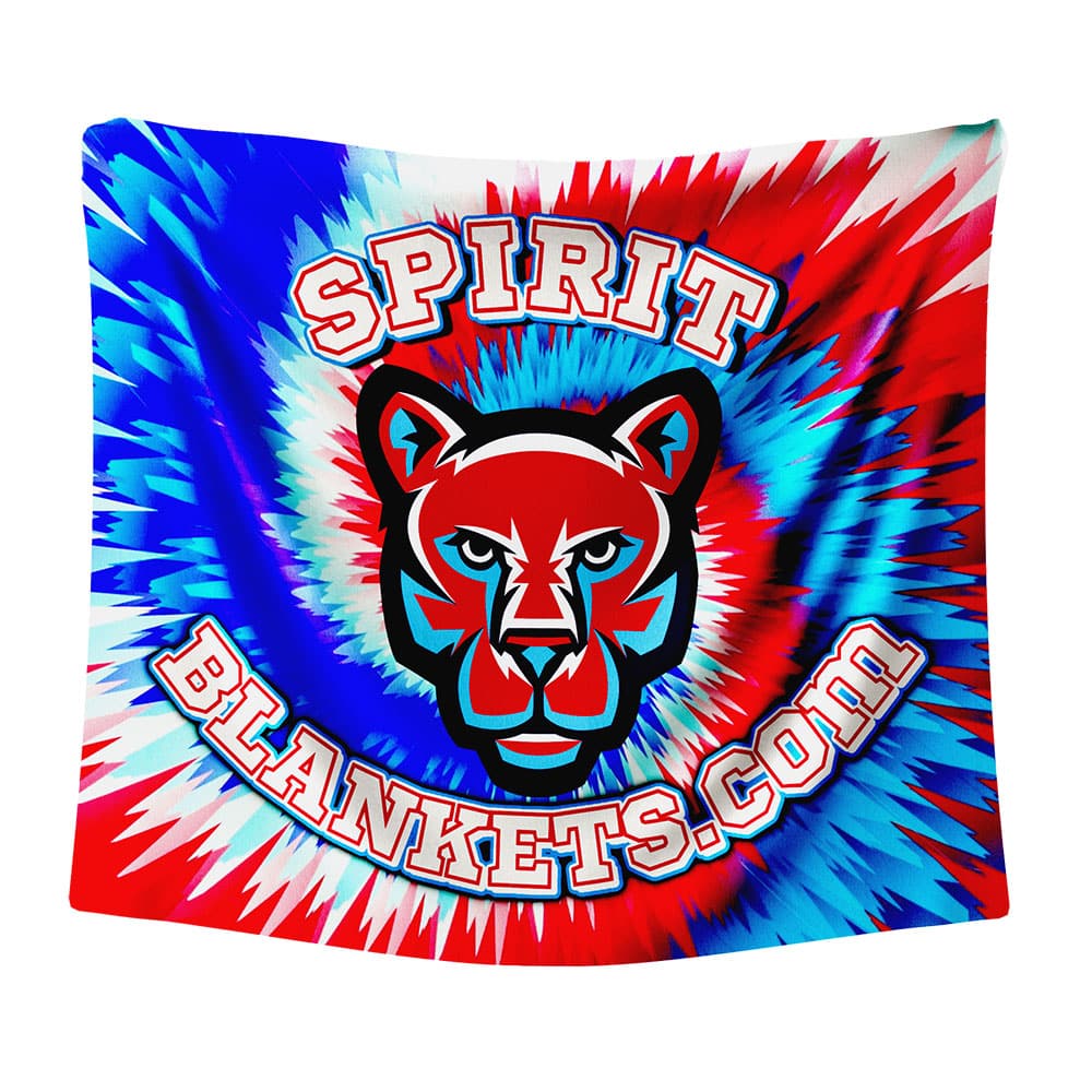 Colorful tie-dye blanket with cougar mascot, "Spirit Blankets".
